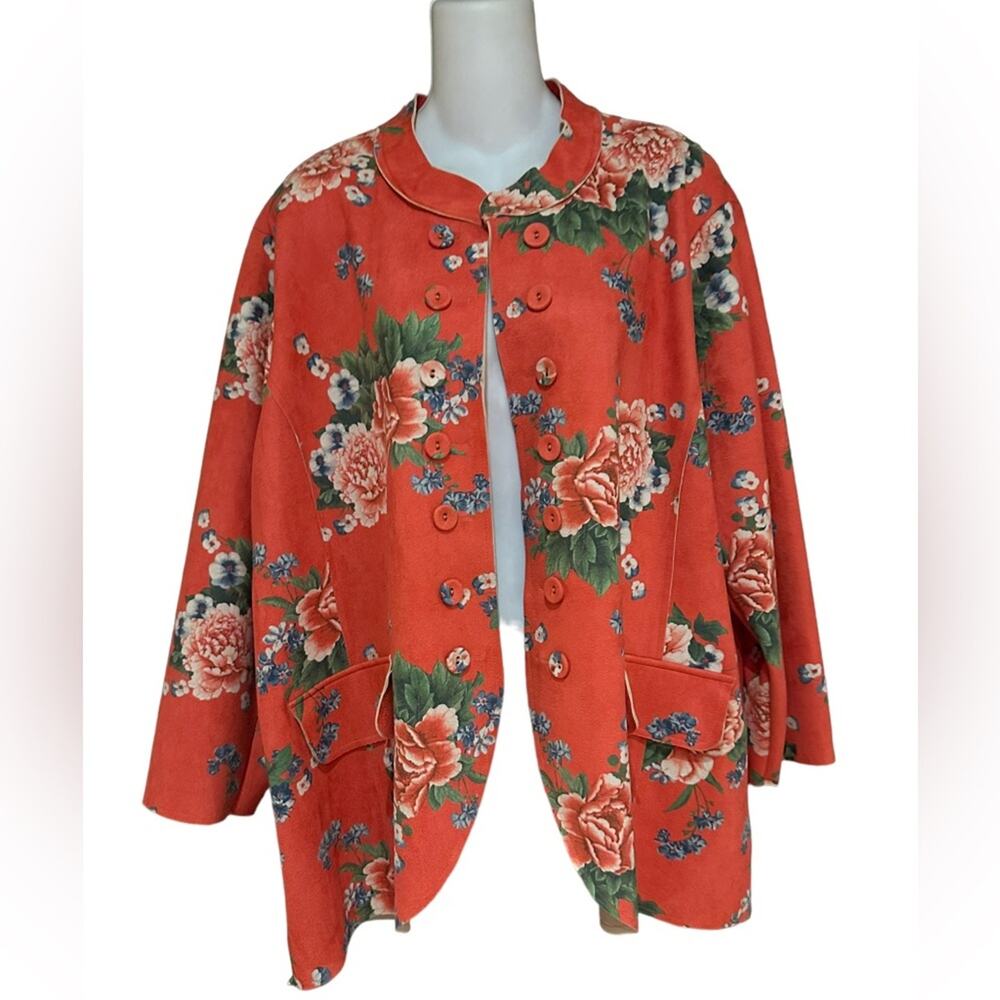 Multiples Womens 2XL Watermelon Red Ultra Suede Floral Jacket